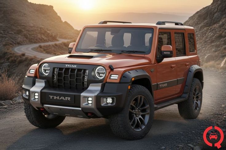 Mahindra Thar 2025 facelift front grille with LED headlights and silver bumper