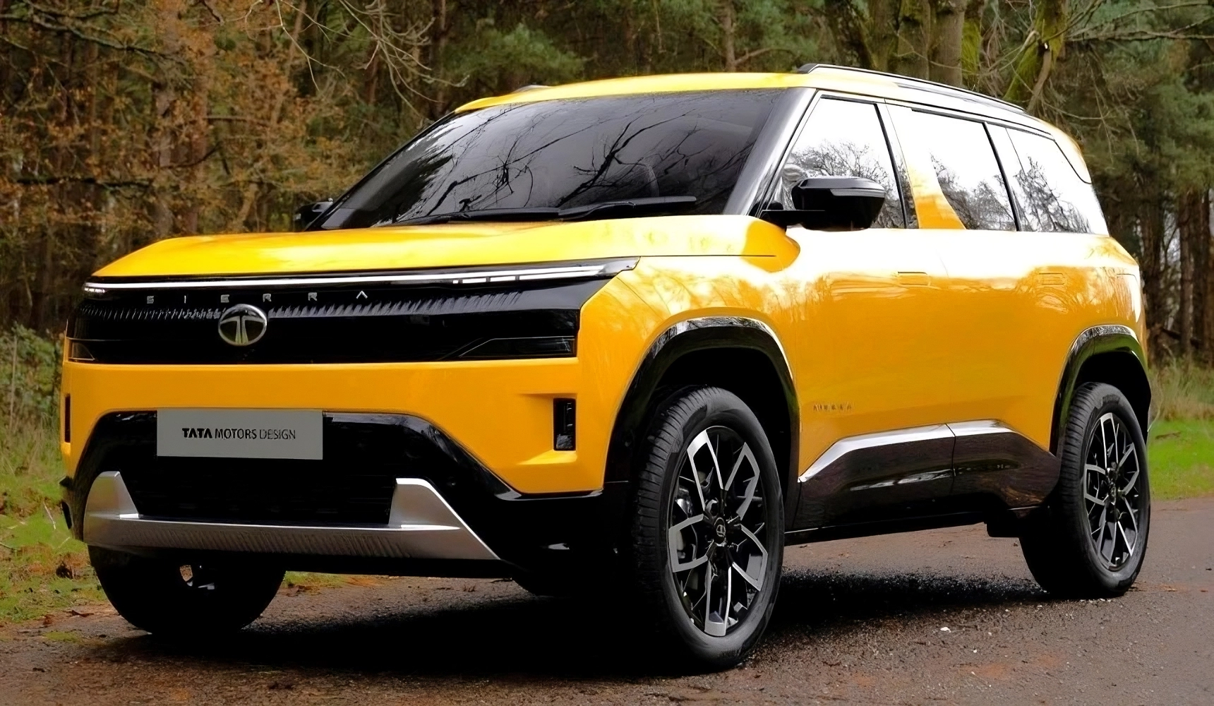 Tata Sierra EV 2025 front with split LED headlamps and panoramic rear glass